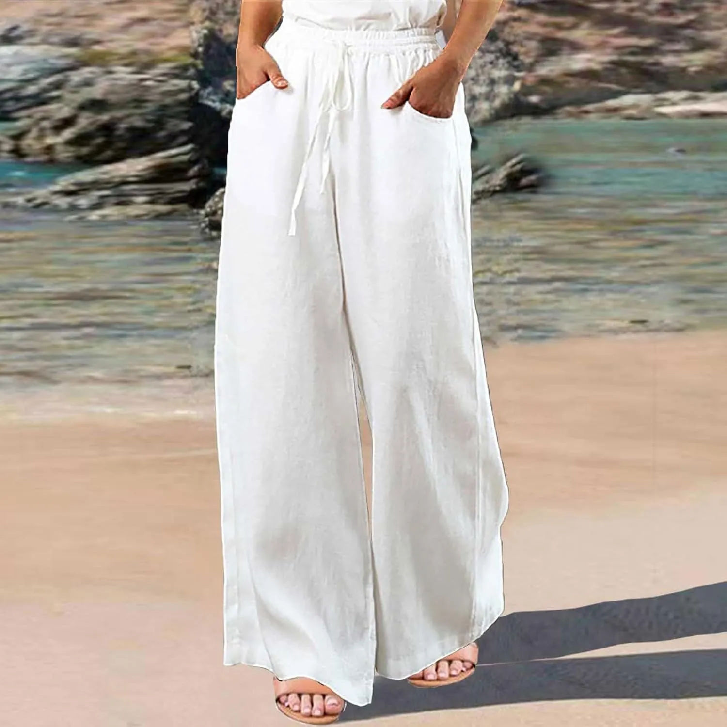 Womens Pants Dressy Casual Elastic Waist Drawstring Pants High Waisted Straight Wide Leg with Pockets Elegant Trousers