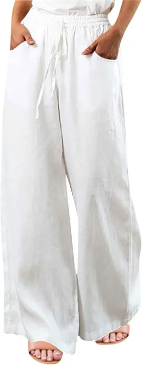 Womens Pants Dressy Casual Elastic Waist Drawstring Pants High Waisted Straight Wide Leg with Pockets Elegant Trousers