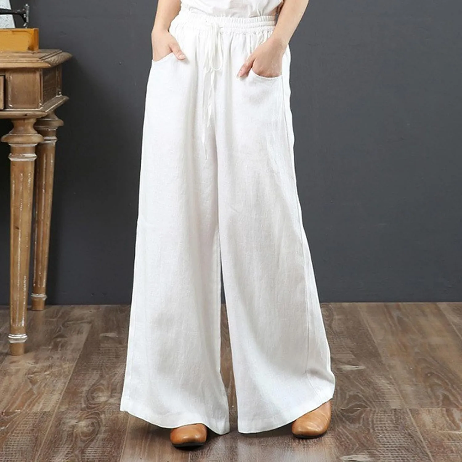 Womens Pants Dressy Casual Elastic Waist Drawstring Pants High Waisted Straight Wide Leg with Pockets Elegant Trousers