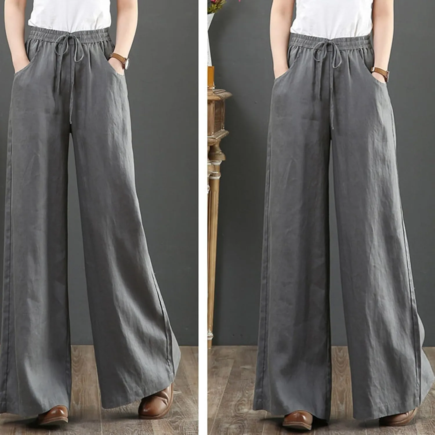 Womens Pants Dressy Casual Elastic Waist Drawstring Pants High Waisted Straight Wide Leg with Pockets Elegant Trousers