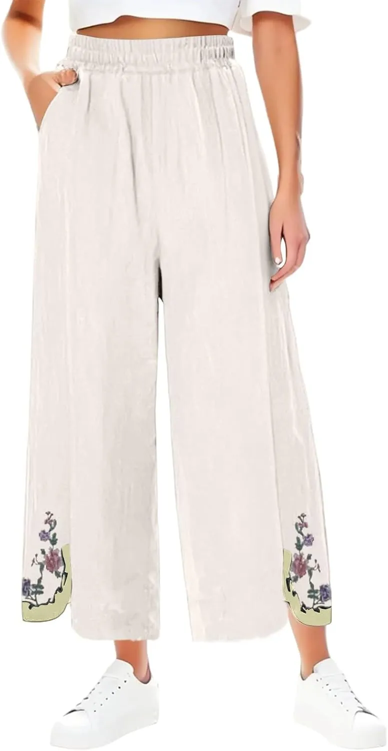Womens Pants Summer Embroidery Decoration Cotton and Linen Wide Leg Pants Wide Leg Solid Summer Cropped Trousers