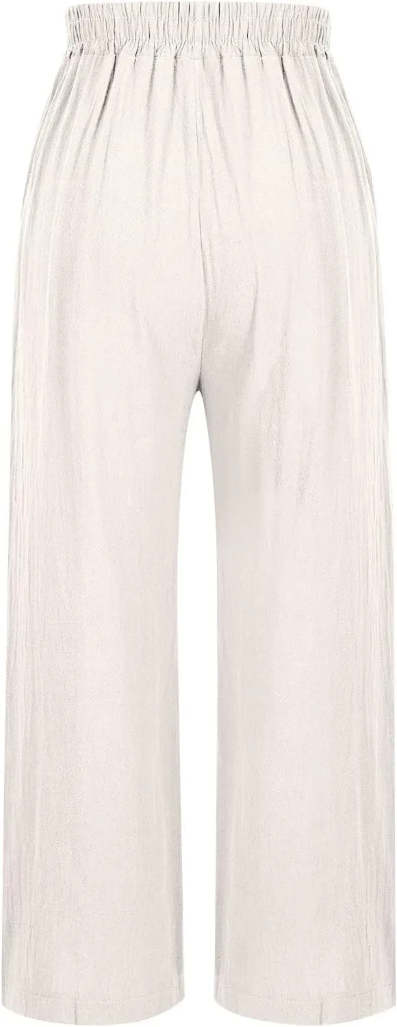 Womens Pants Summer Embroidery Decoration Cotton and Linen Wide Leg Pants Wide Leg Solid Summer Cropped Trousers