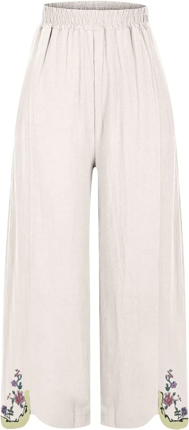 Womens Pants Summer Embroidery Decoration Cotton and Linen Wide Leg Pants Wide Leg Solid Summer Cropped Trousers