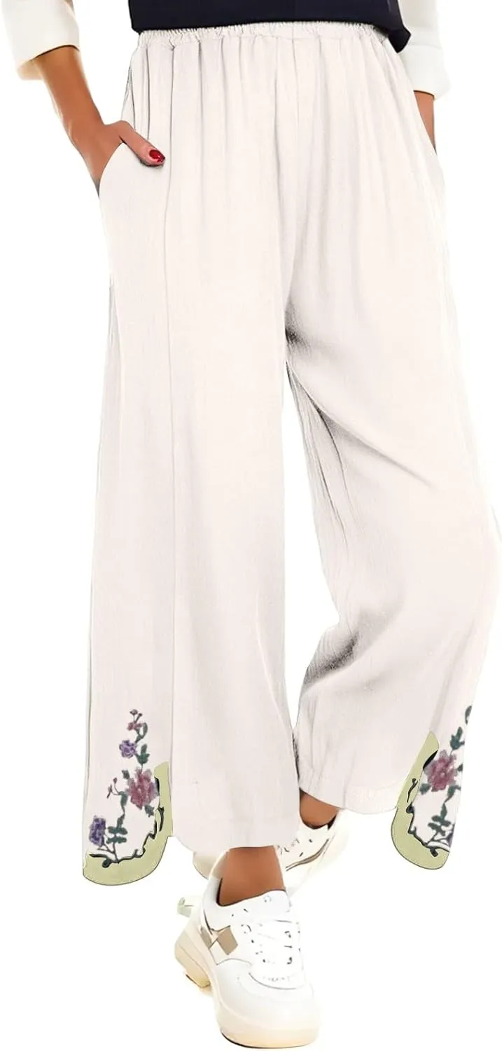 Womens Pants Summer Embroidery Decoration Cotton and Linen Wide Leg Pants Wide Leg Solid Summer Cropped Trousers