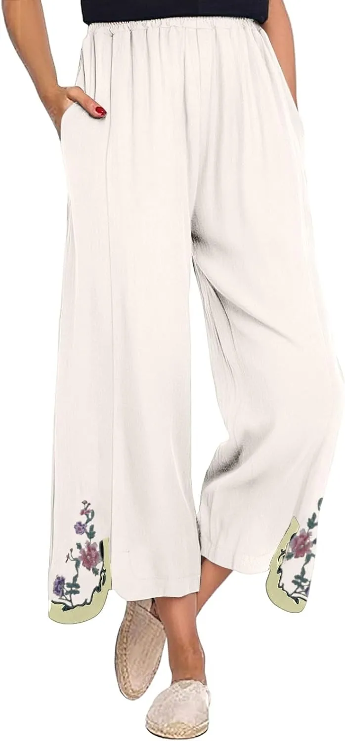 Womens Pants Summer Embroidery Decoration Cotton and Linen Wide Leg Pants Wide Leg Solid Summer Cropped Trousers