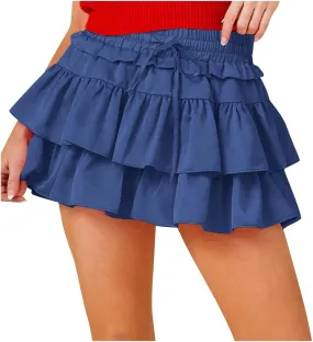 Women's Pleated Mini Skirt Sexy Lace Layered Loose Fit Short Skirts Casual Fashion Solid Color Half Skirt