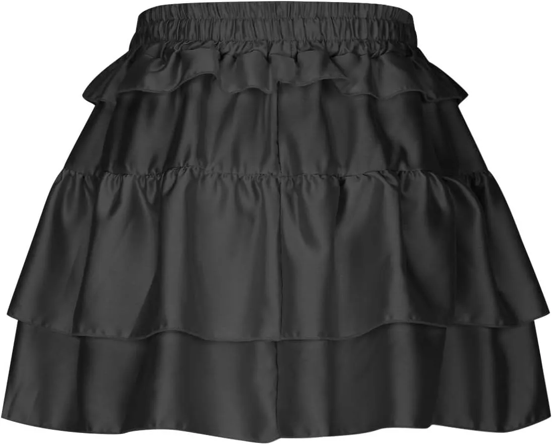 Women's Pleated Mini Skirt Sexy Lace Layered Loose Fit Short Skirts Casual Fashion Solid Color Half Skirt