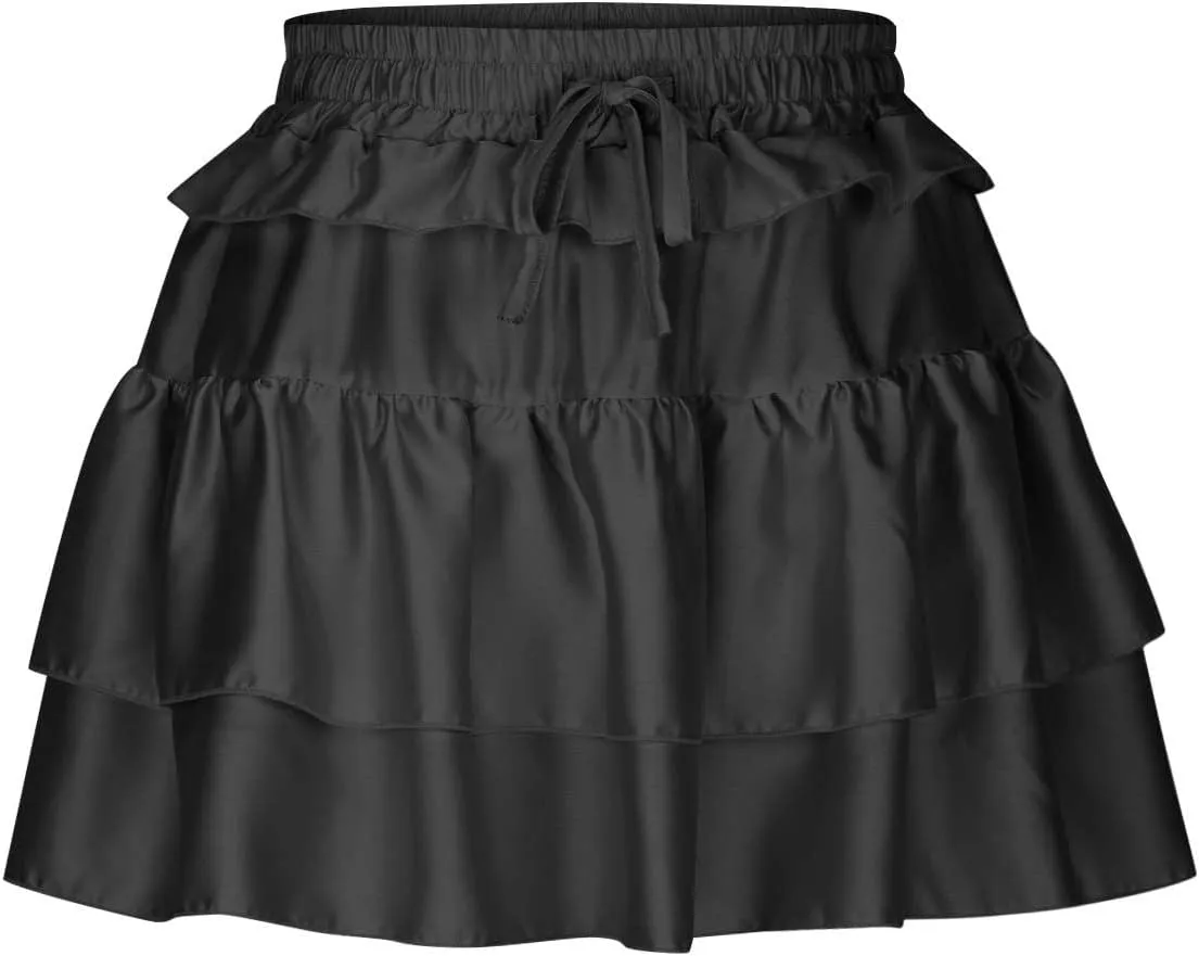 Women's Pleated Mini Skirt Sexy Lace Layered Loose Fit Short Skirts Casual Fashion Solid Color Half Skirt