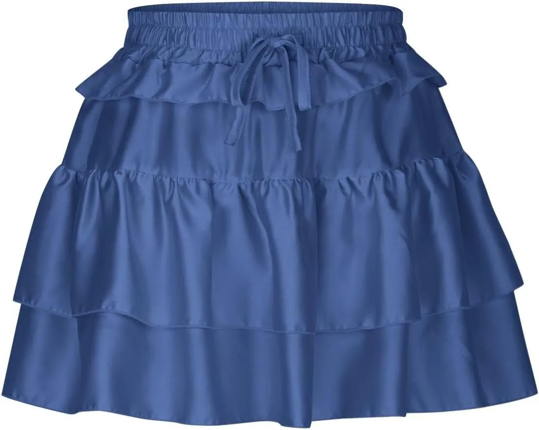 Women's Pleated Mini Skirt Sexy Lace Layered Loose Fit Short Skirts Casual Fashion Solid Color Half Skirt