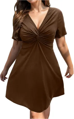 Women's Plus Size Flowy Knotted Tshirt Midi Dress V Neck Short Sleeve Bodycon Casual Loose Beach Party Dresses