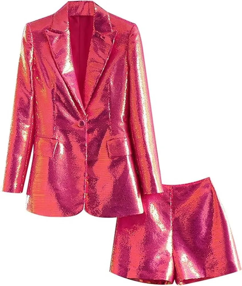 Womens Sequins Blazer Jacket Shorts Set Womens Tuxedo Suits for Women 2 Piece Sets Casual Outfits Dressy Christmas Wedding