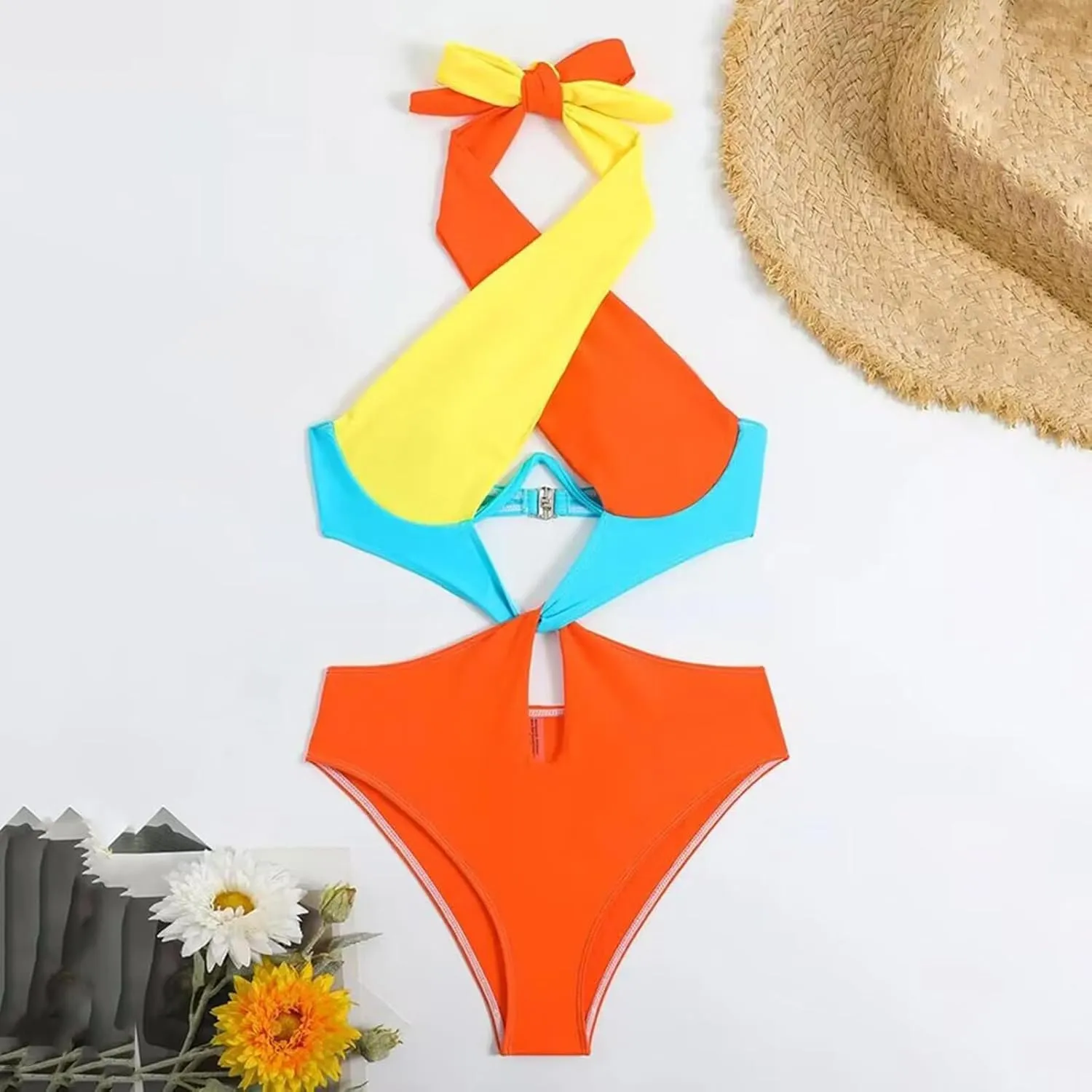 Womens Sexy One Piece Swimsuit Cut Out Criss Cross Bathing Suit Thong Monokini Colorblock Underwire Halter Swimwear