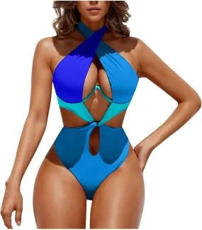 Womens Sexy One Piece Swimsuit Cut Out Criss Cross Bathing Suit Thong Monokini Colorblock Underwire Halter Swimwear
