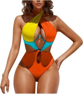 Womens Sexy One Piece Swimsuit Cut Out Criss Cross Bathing Suit Thong Monokini Colorblock Underwire Halter Swimwear