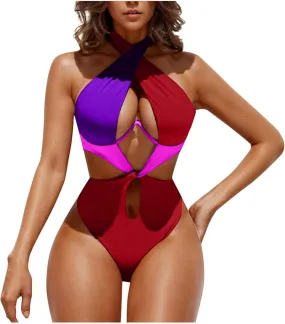 Womens Sexy One Piece Swimsuit Cut Out Criss Cross Bathing Suit Thong Monokini Colorblock Underwire Halter Swimwear