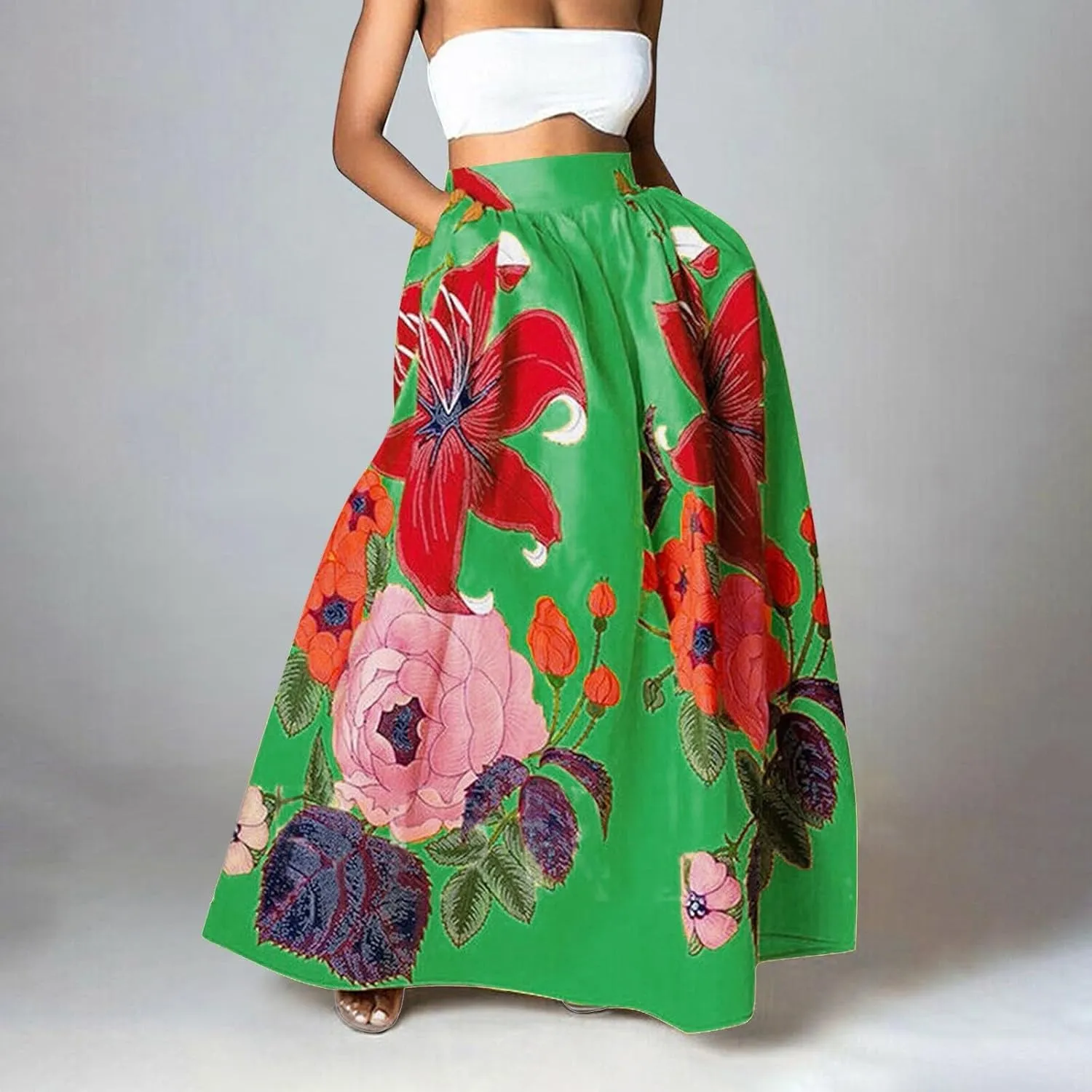 Women's Skirts Summer Boho Maxi Skirt Fashion Loose Floral Printed Skirt High Waisted Beach Maxi Skirt with Pocket