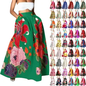 Women's Skirts Summer Boho Maxi Skirt Fashion Loose Floral Printed Skirt High Waisted Beach Maxi Skirt with Pocket