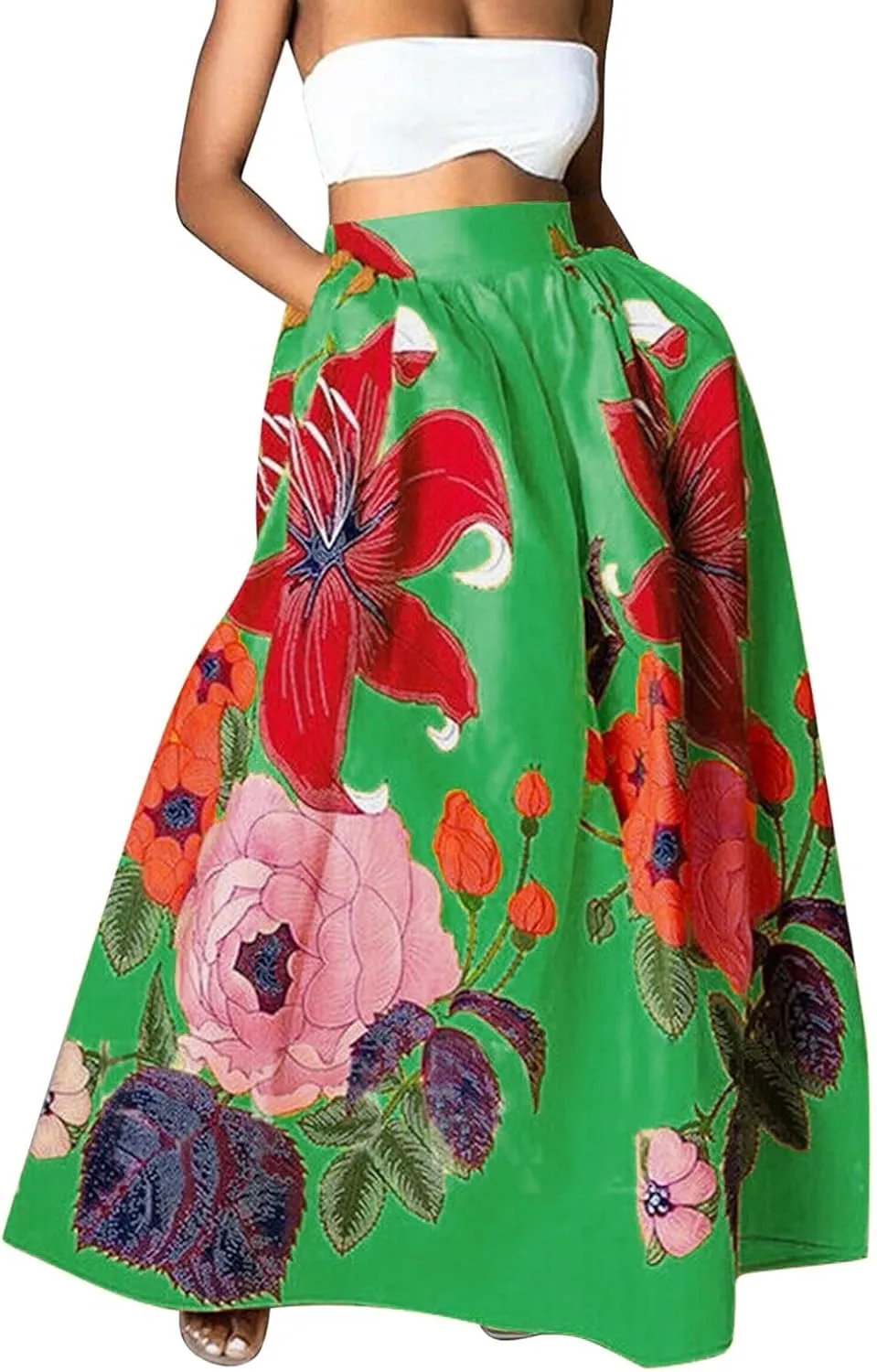 Women's Skirts Summer Boho Maxi Skirt Fashion Loose Floral Printed Skirt High Waisted Beach Maxi Skirt with Pocket