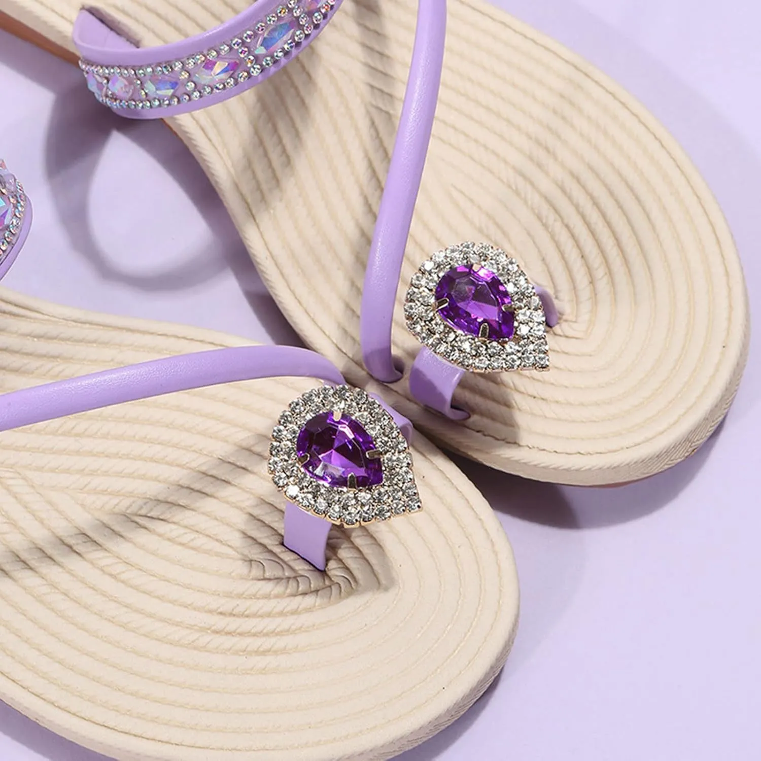 Women's Slide Sandals Ladies Fashion Summer Solid Color Leather Rhinestone Toe Straw Woven Flat Slippers