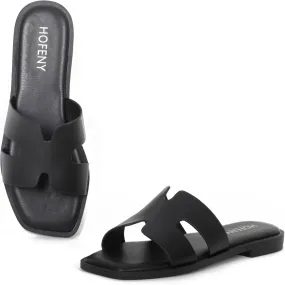 Womens Slip On Flat Sandals Soft Leather Open Toe Slide for Summer Dressy