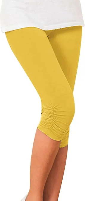 Womens Solid Color Leggings Trendy High Waisted Pleated Bottoming Yoga Pants Stretch Running Exercise Casual Leggings