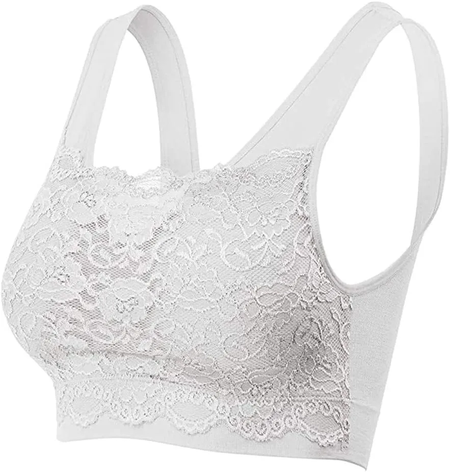 Womens Square Neck Lace Sports Bra Wirefree Padded Workout Yoga Bra Crop Tank Top with Bra Wide Strap Breathable Camisole