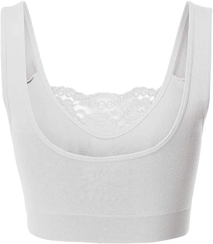 Womens Square Neck Lace Sports Bra Wirefree Padded Workout Yoga Bra Crop Tank Top with Bra Wide Strap Breathable Camisole