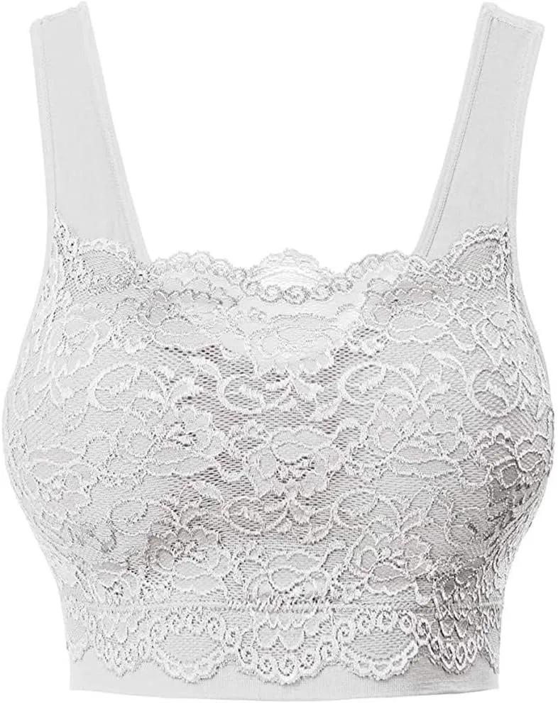 Womens Square Neck Lace Sports Bra Wirefree Padded Workout Yoga Bra Crop Tank Top with Bra Wide Strap Breathable Camisole