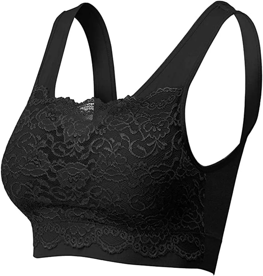 Womens Square Neck Lace Sports Bra Wireless Full Coverage Push Up Full Coverage Bras Solid Color Casual Sexy Comfort Bra