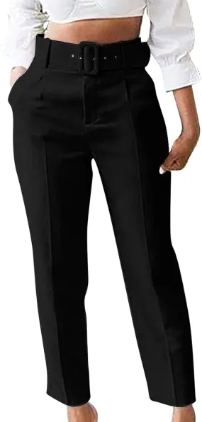 Womens Suit Pants Casual Stretch Loose Fit Straight Belted Waisted Business Suit Pants Fashion Work Office Trousers