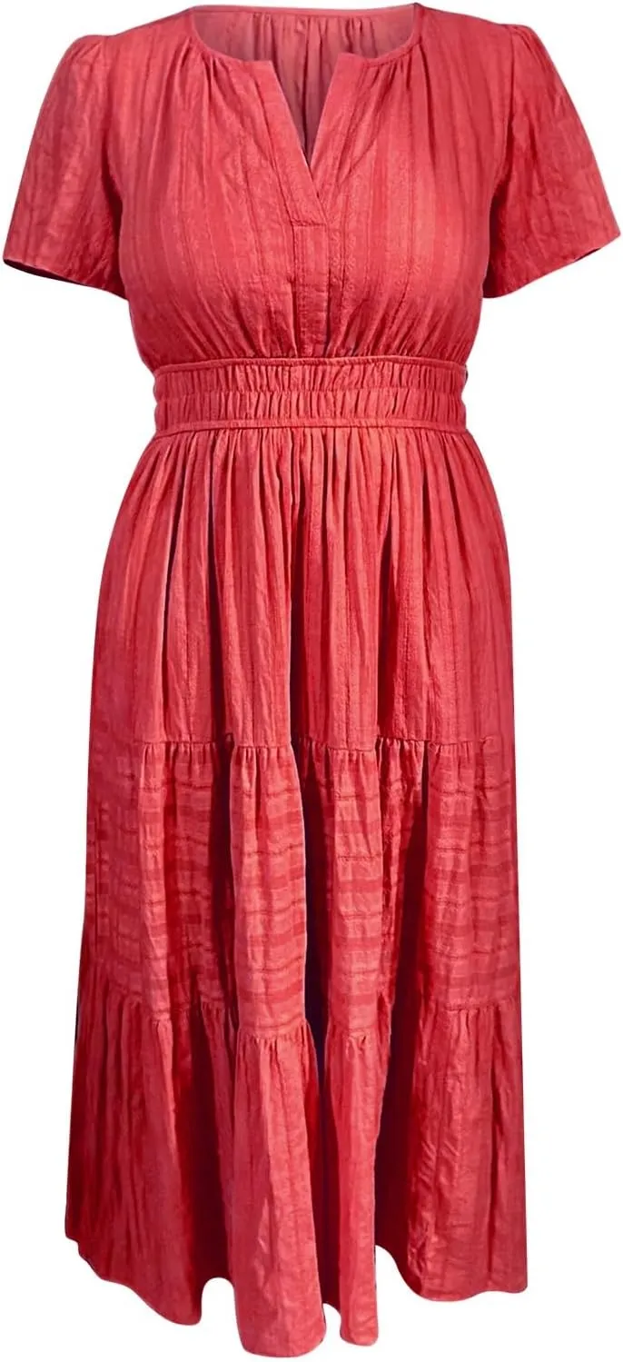 Womens Summer 2025 Casual Midi Maxi Dresses Lightweight Short Sleeve V Neck Elastic Waist Boho Beach Dress Pockets