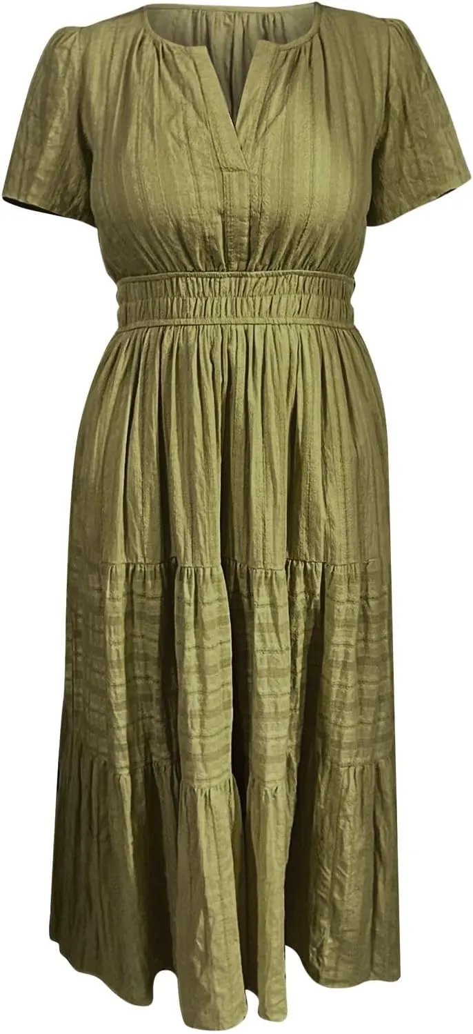 Womens Summer 2025 Casual Midi Maxi Dresses Lightweight Short Sleeve V Neck Elastic Waist Boho Beach Dress Pockets