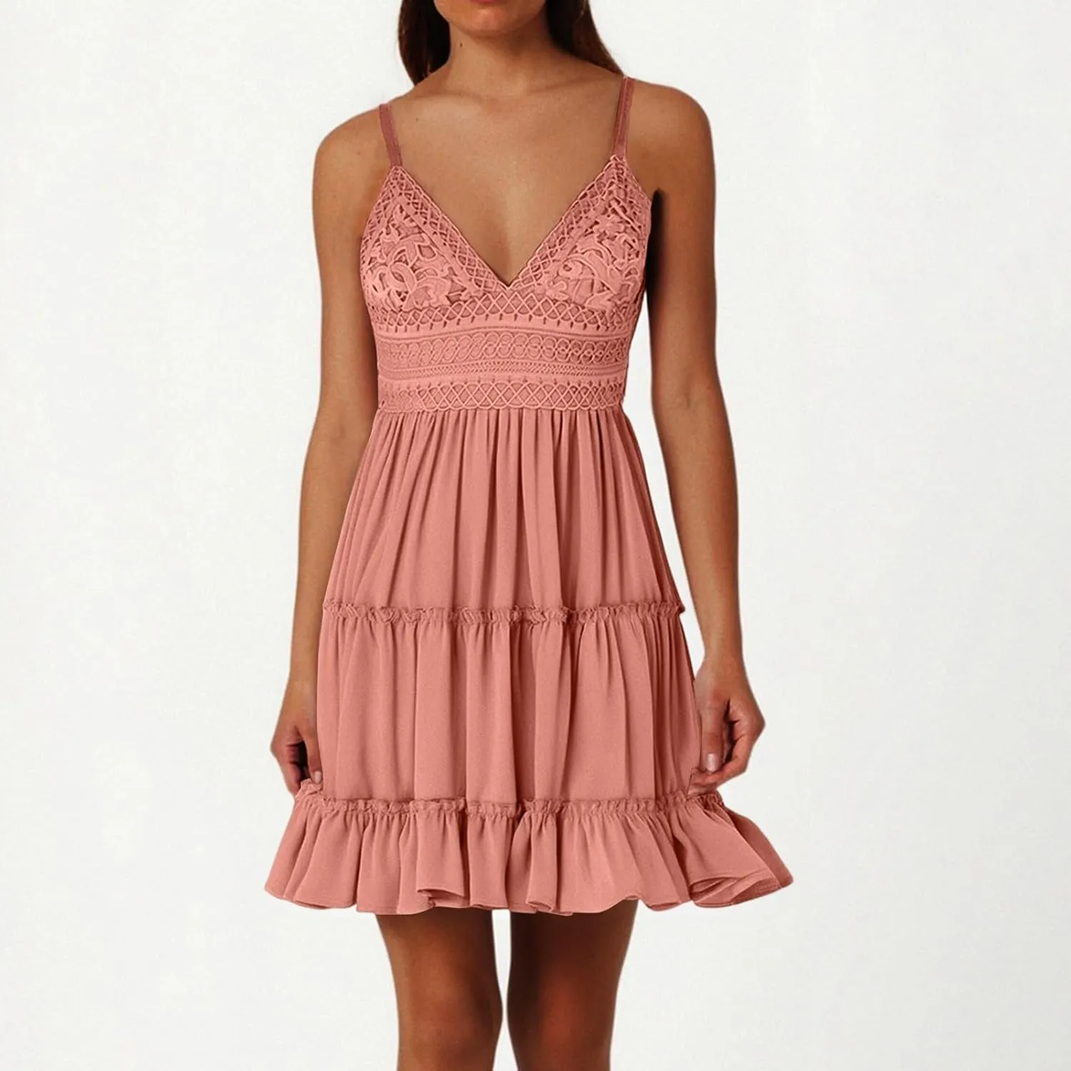 Womens Summer Dresses 2025 Sleeveless Empire Waist Ruffle Tiered Casual Swing Mini Dress for Beach Wedding