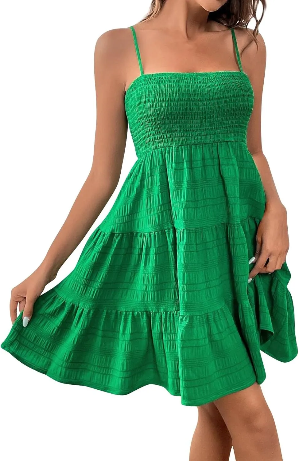 Womens Summer Dresses Casual Square Neck Smocked Tiered Dresses Ruched Spaghetti Strap Sleeveless Beach Mini Sundress