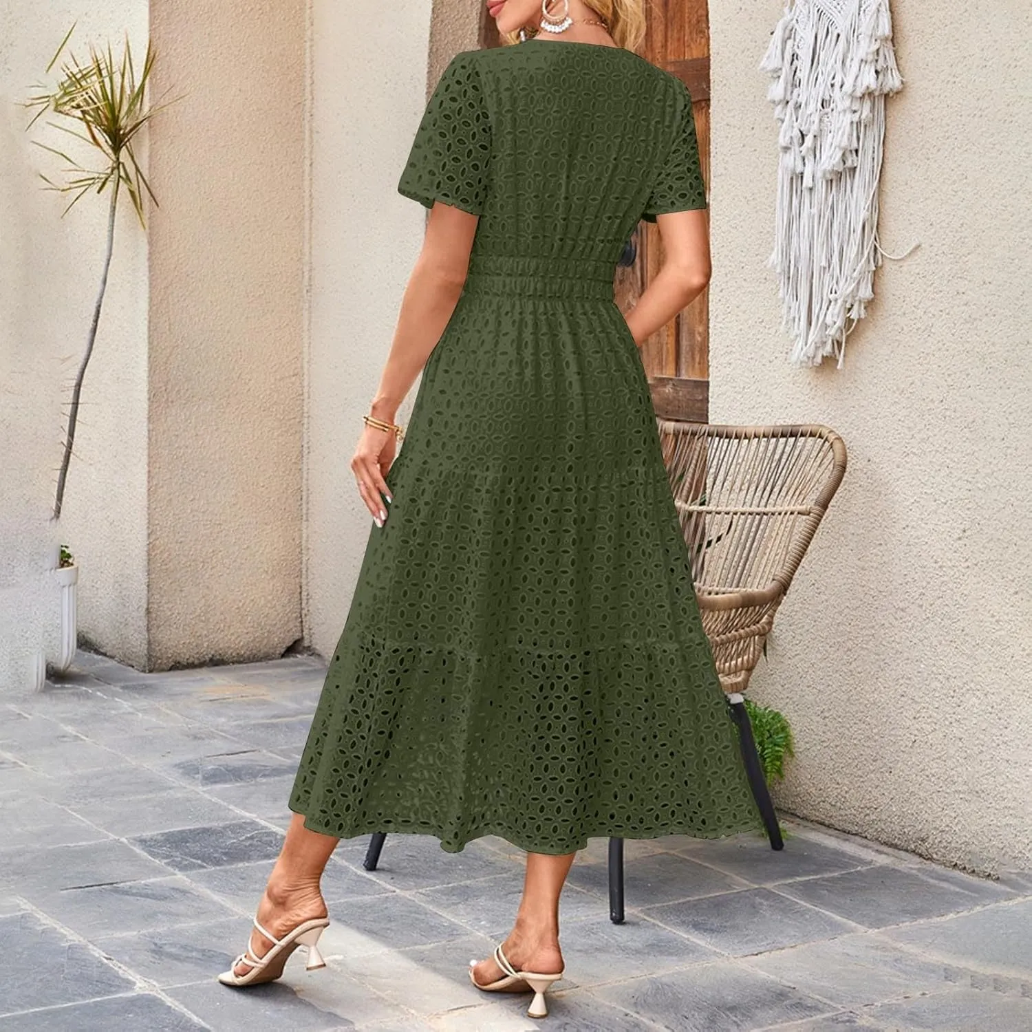 Womens Summer Midi Dresses Short Sleeve V Neck Hollow Out Eyelet Flowy Pleated Tiered A Line Swing Beach Vacation Dress