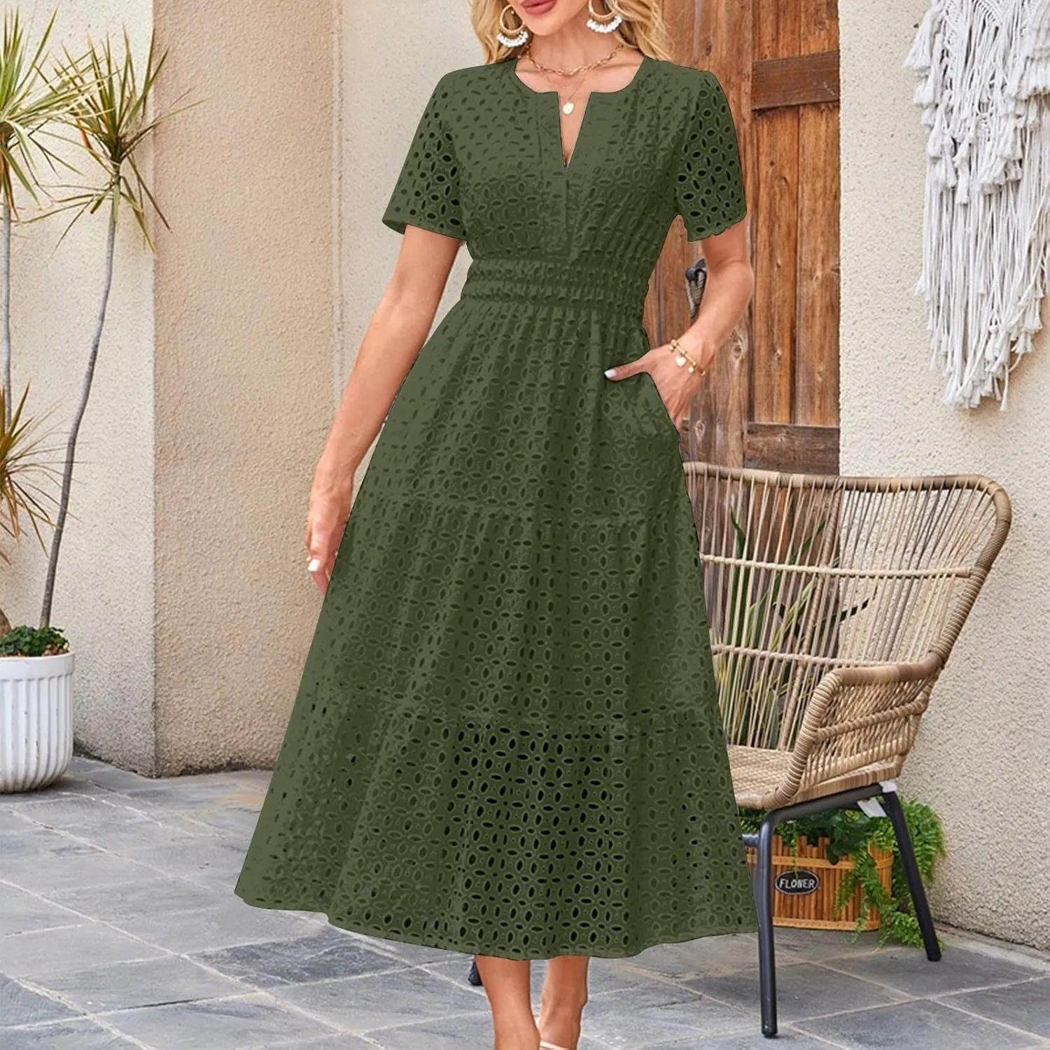 Womens Summer Midi Dresses Short Sleeve V Neck Hollow Out Eyelet Flowy Pleated Tiered A Line Swing Beach Vacation Dress