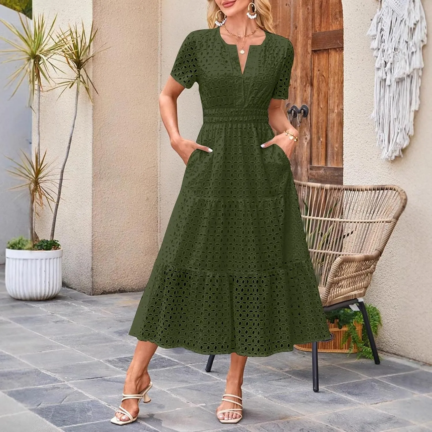Womens Summer Midi Dresses Short Sleeve V Neck Hollow Out Eyelet Flowy Pleated Tiered A Line Swing Beach Vacation Dress