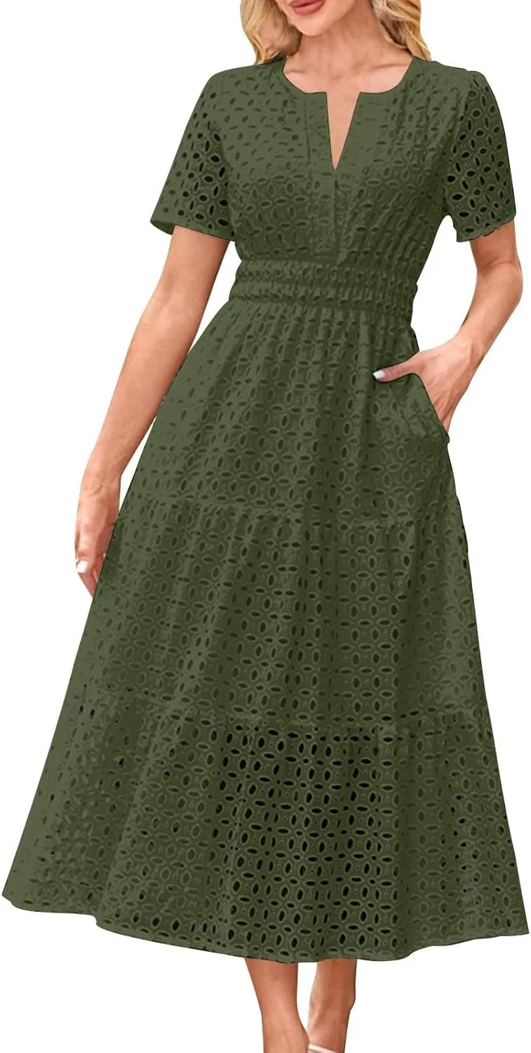 Womens Summer Midi Dresses Short Sleeve V Neck Hollow Out Eyelet Flowy Pleated Tiered A Line Swing Beach Vacation Dress