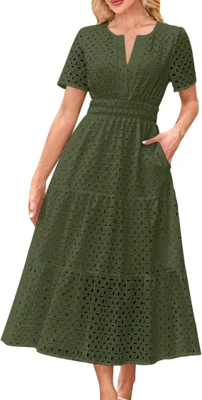 Womens Summer Midi Dresses Short Sleeve V Neck Hollow Out Eyelet Flowy Pleated Tiered A Line Swing Beach Vacation Dress