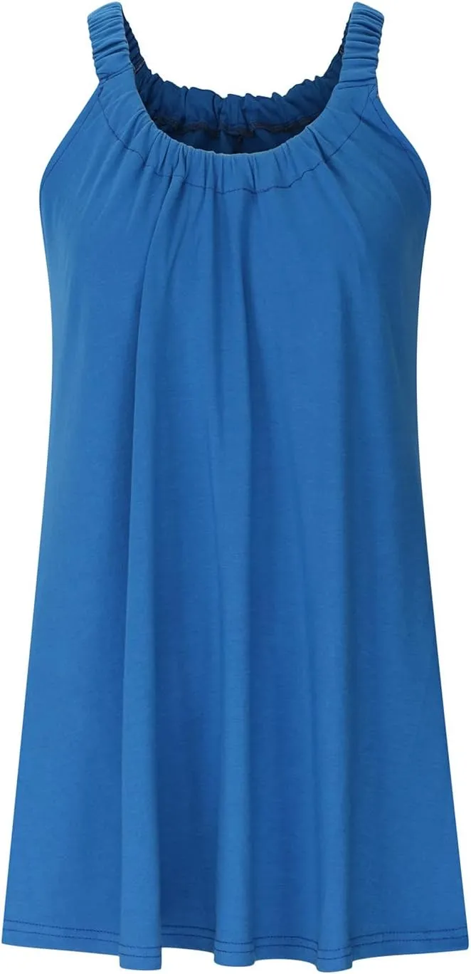 Womens Swimsuit Cover Up Summer Casual Loose Sleeveless Pleated Sundress Boho Beach Solid Color Crew Neck Tank Dress