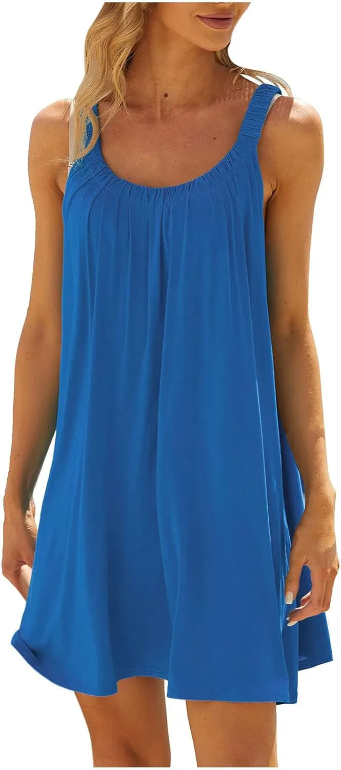 Womens Swimsuit Cover Up Summer Casual Loose Sleeveless Pleated Sundress Boho Beach Solid Color Crew Neck Tank Dress