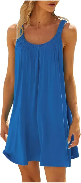 Womens Swimsuit Cover Up Summer Casual Loose Sleeveless Pleated Sundress Boho Beach Solid Color Crew Neck Tank Dress