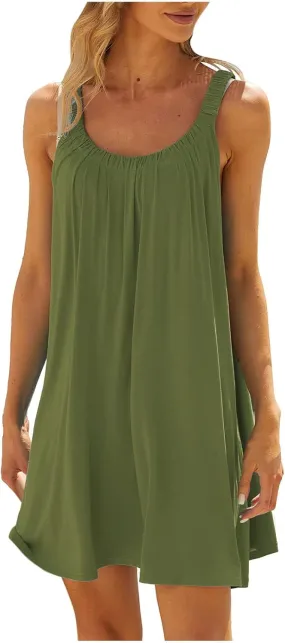 Womens Swimsuit Cover Up Summer Casual Loose Sleeveless Pleated Sundress Boho Beach Solid Color Crew Neck Tank Dress