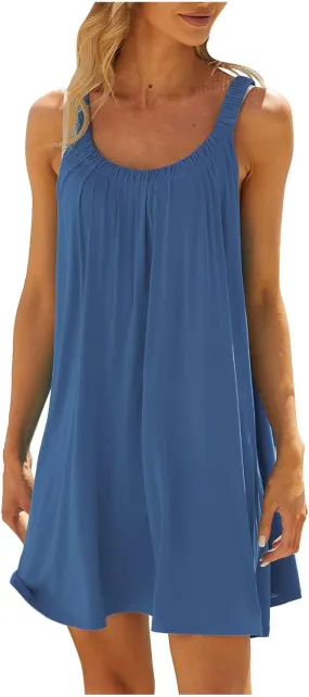 Womens Swimsuit Cover Up Summer Casual Loose Sleeveless Pleated Sundress Boho Beach Solid Color Crew Neck Tank Dress