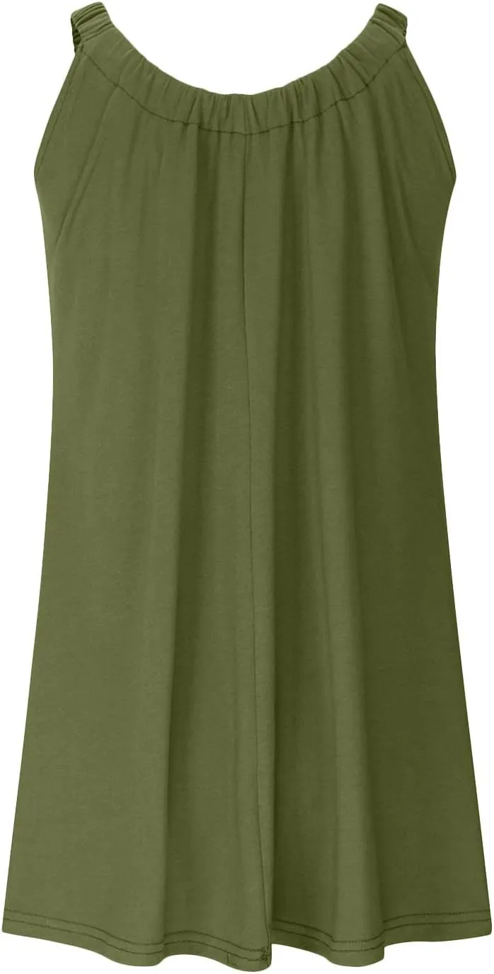 Womens Swimsuit Cover Up Summer Casual Loose Sleeveless Pleated Sundress Boho Beach Solid Color Crew Neck Tank Dress