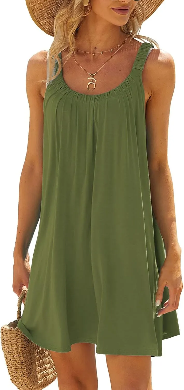 Womens Swimsuit Cover Up Summer Casual Loose Sleeveless Pleated Sundress Boho Beach Solid Color Crew Neck Tank Dress