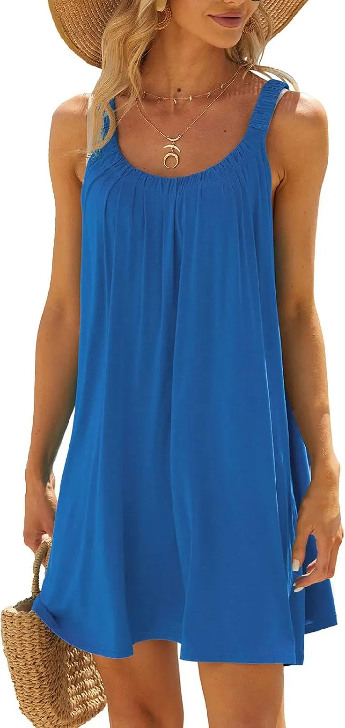 Womens Swimsuit Cover Up Summer Casual Loose Sleeveless Pleated Sundress Boho Beach Solid Color Crew Neck Tank Dress