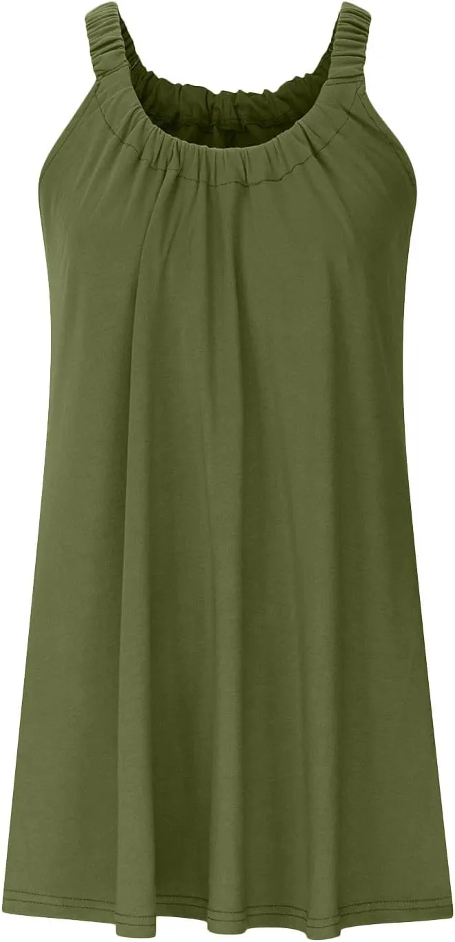 Womens Swimsuit Cover Up Summer Casual Loose Sleeveless Pleated Sundress Boho Beach Solid Color Crew Neck Tank Dress