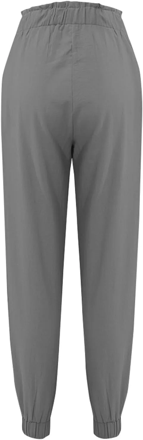 Womens Tapered Pants Linen Drawstring Elastic Waist Casual Solid Color High Waist Palazzo Trousers with Pockets