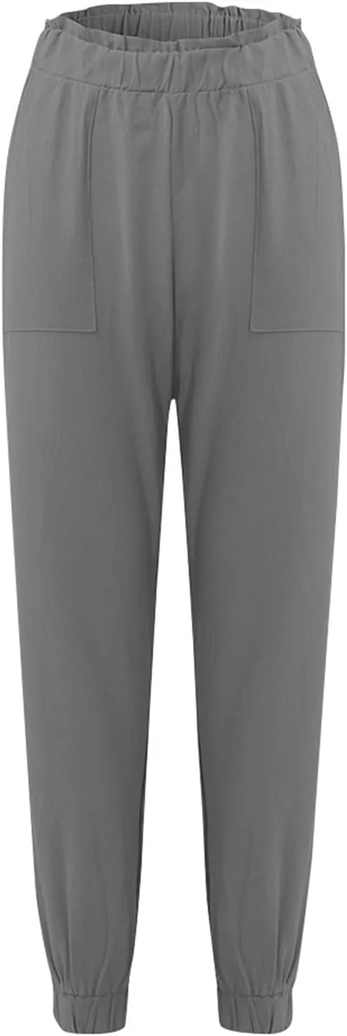 Womens Tapered Pants Linen Drawstring Elastic Waist Casual Solid Color High Waist Palazzo Trousers with Pockets